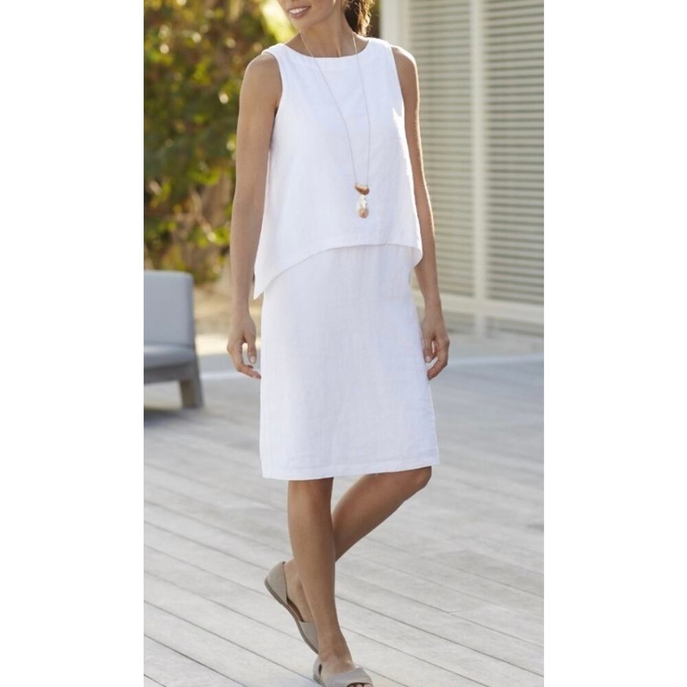 J.Jill Pure Jill 100% Linen Sleeveless Tiered Dress White Medium Knee Length